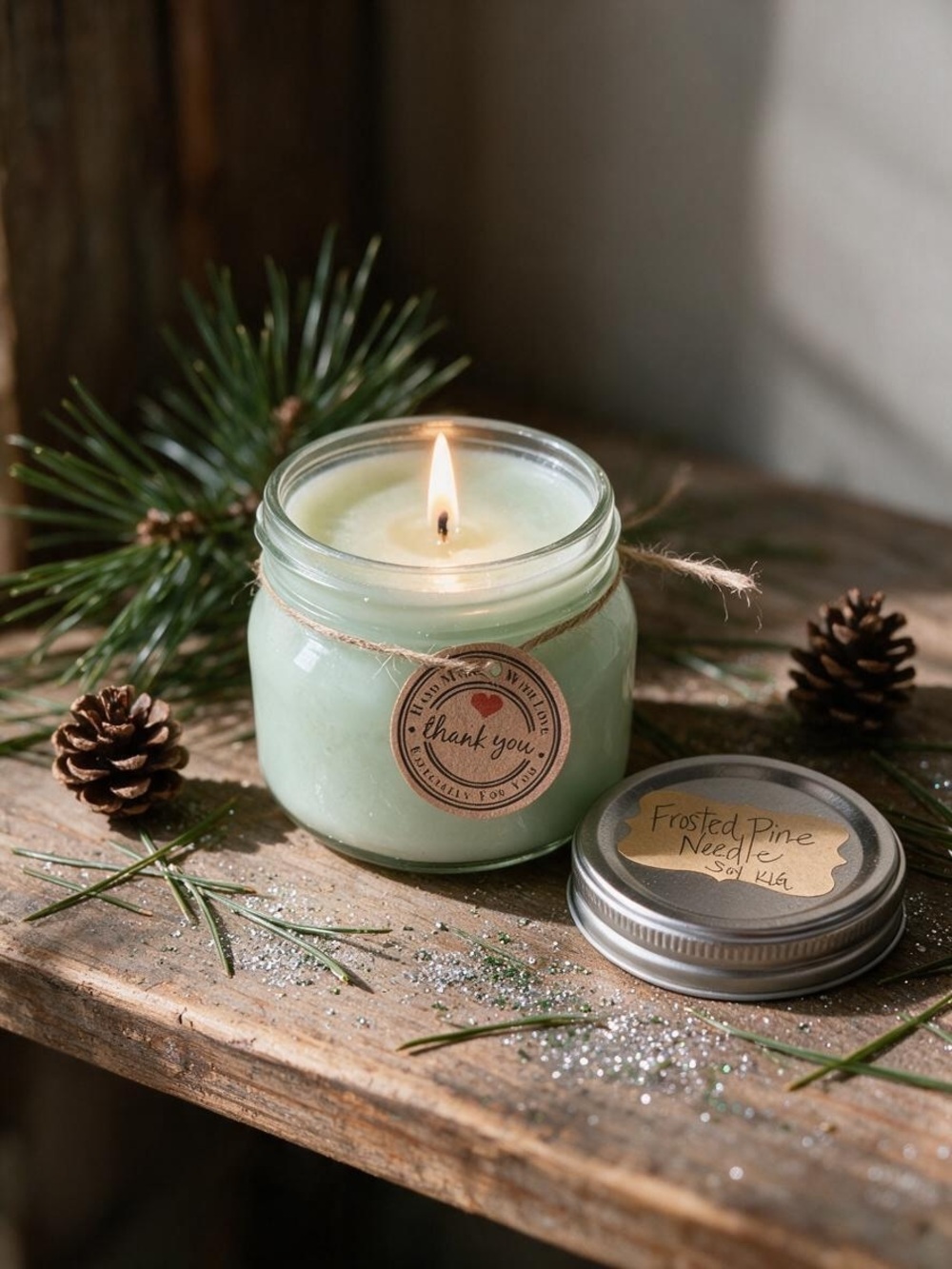 Handmade Frosted Pine Needle 8 oz Soy Scented Candle - Cream/ Green Color NWT